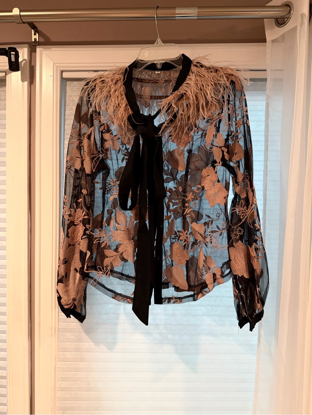 Sheer Black Floral Embroidered Blouse with Tan Feather Collar